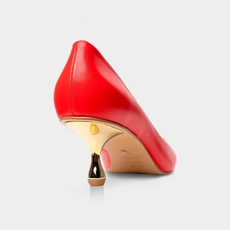 Red Pointy Gold Kitten Heels