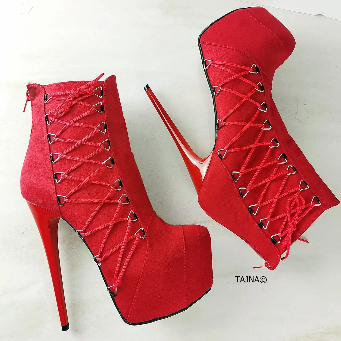 Red Suede Corset Heeled Booties