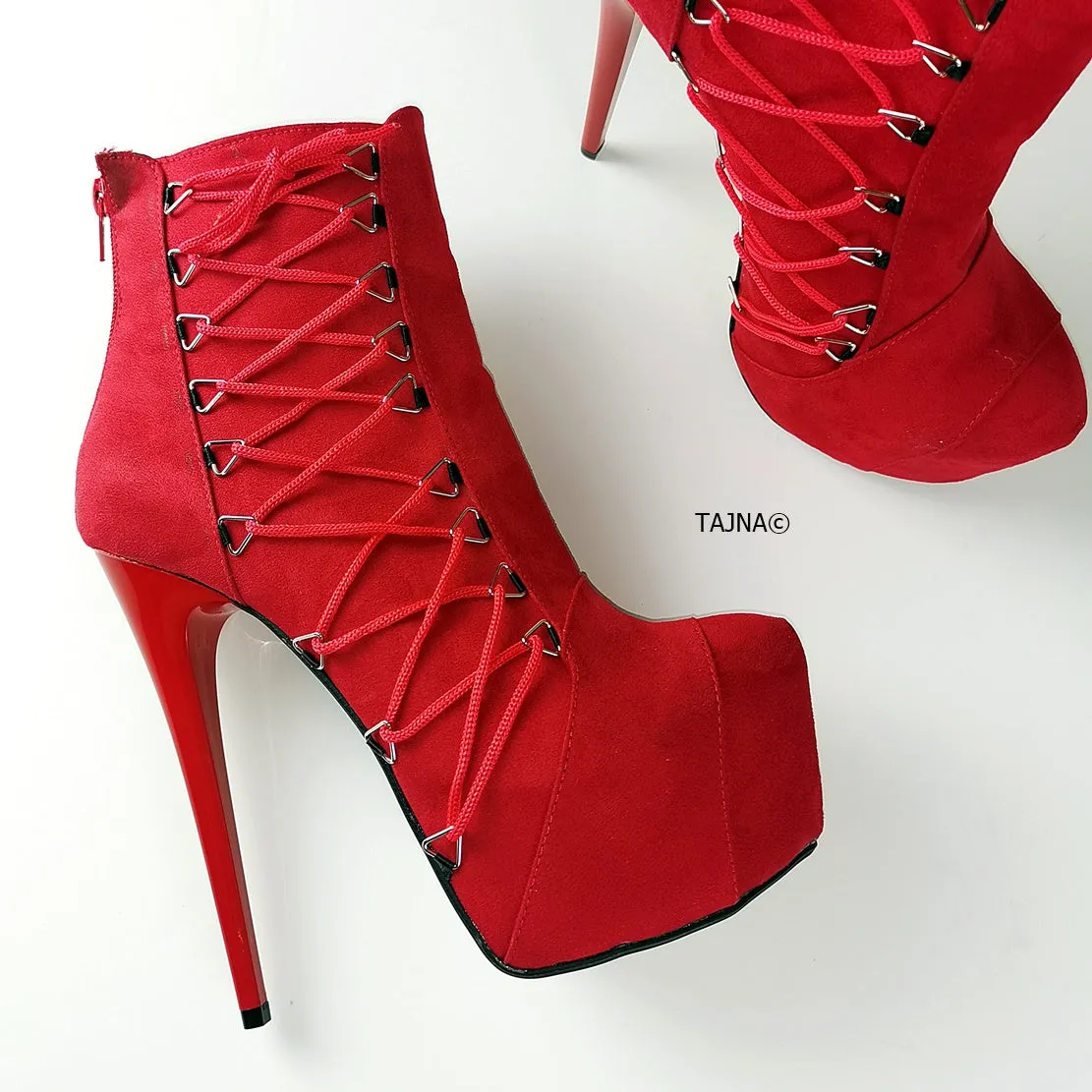 Red Suede Corset Heeled Booties