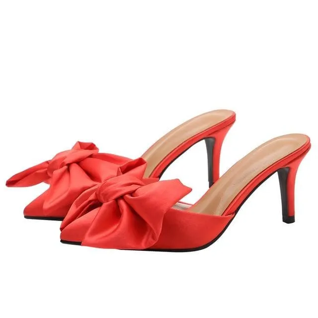 Satin Bow Knot Pointed Toe Mules