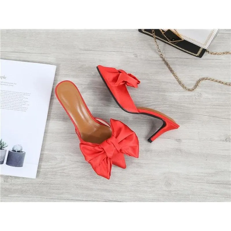 Satin Bow Knot Pointed Toe Mules