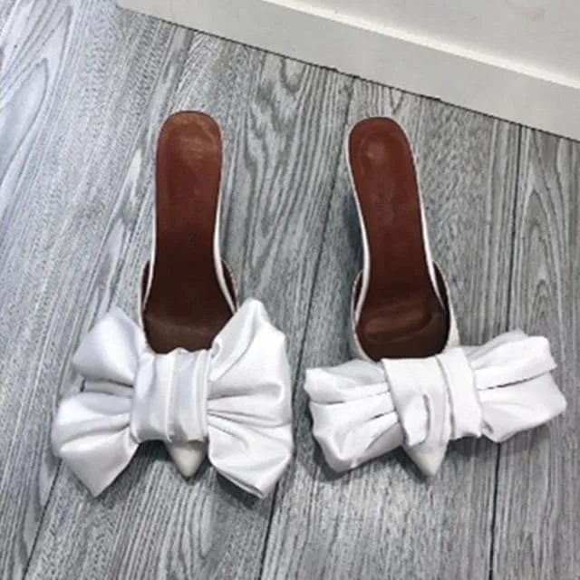 Satin Bow Knot Pointed Toe Mules