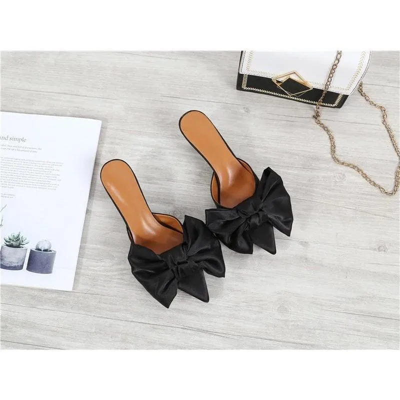 Satin Bow Knot Pointed Toe Mules