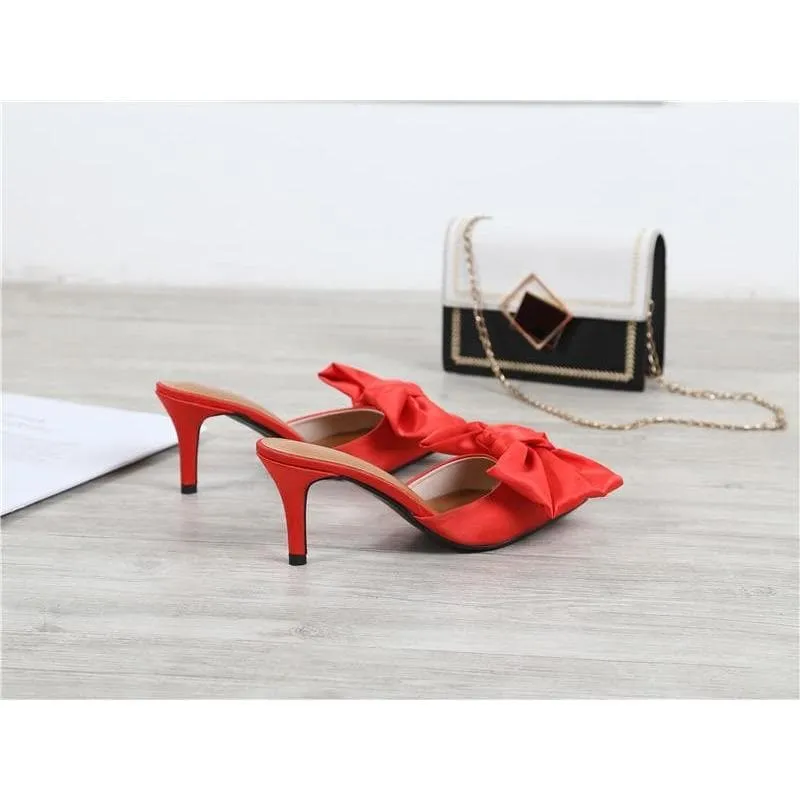 Satin Bow Knot Pointed Toe Mules