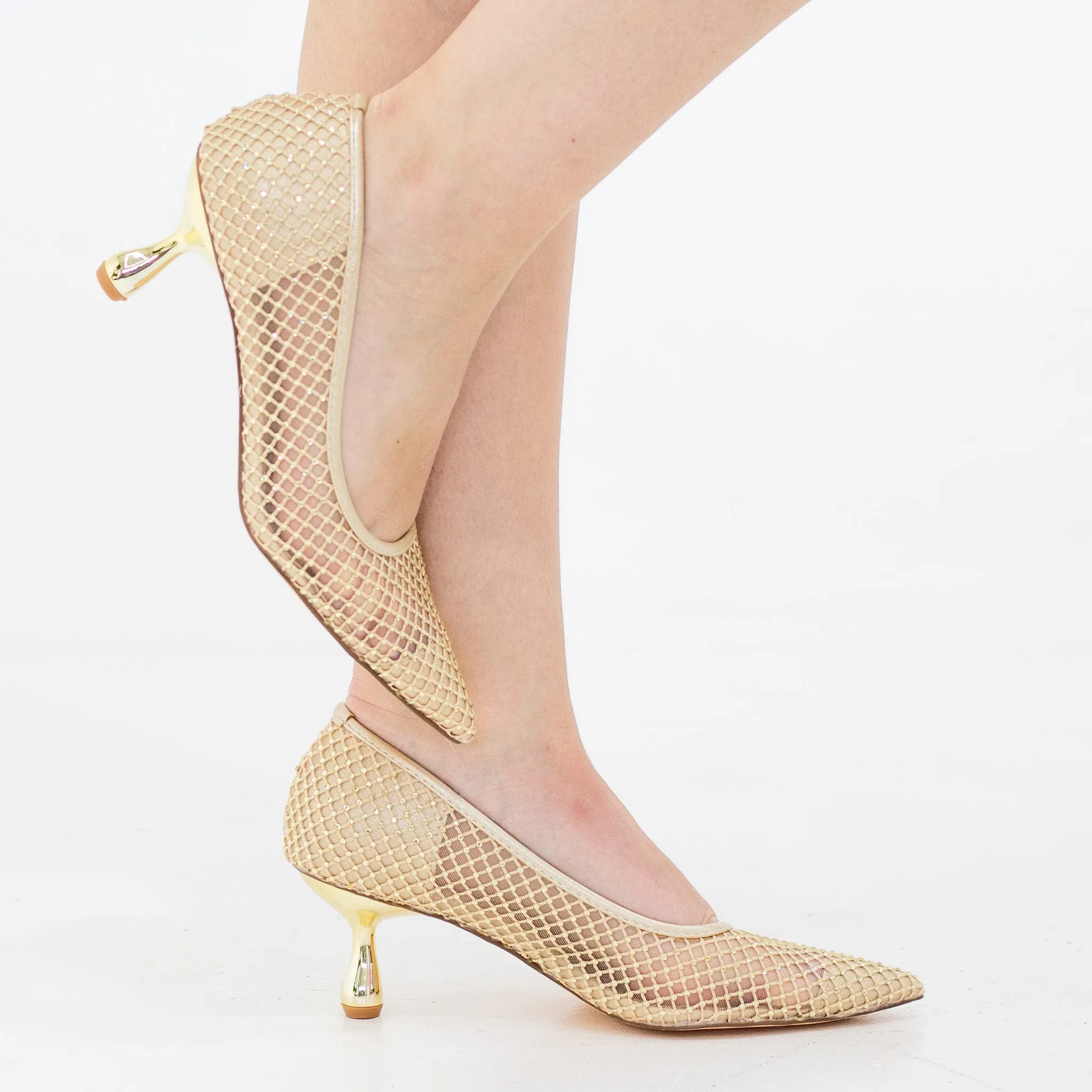Tahira mesh embellished court on 6cm heel gold