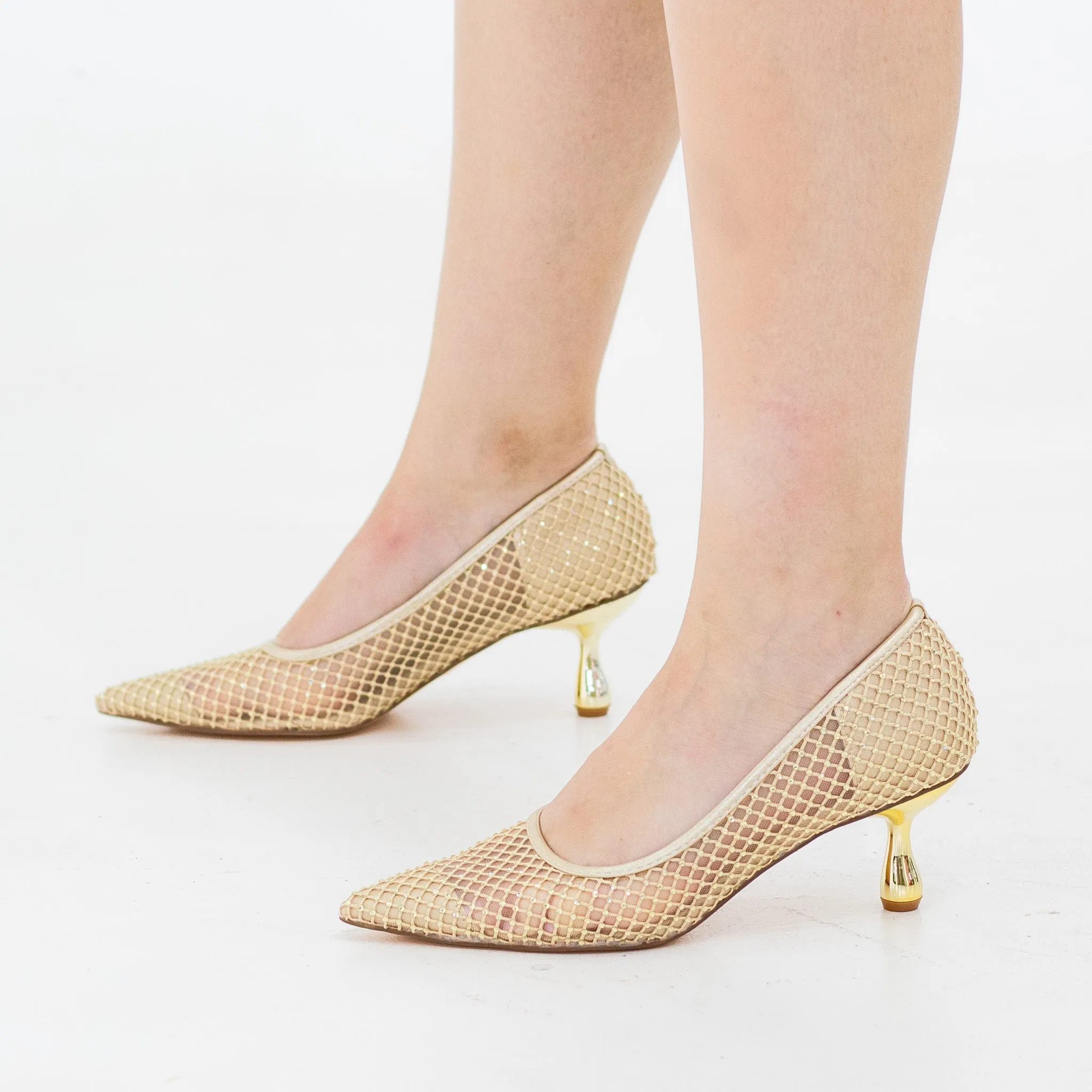 Tahira mesh embellished court on 6cm heel gold