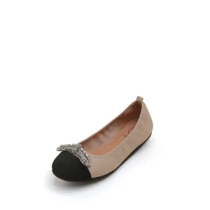 Taupe Crystal Bow Leather Ballerina Flats