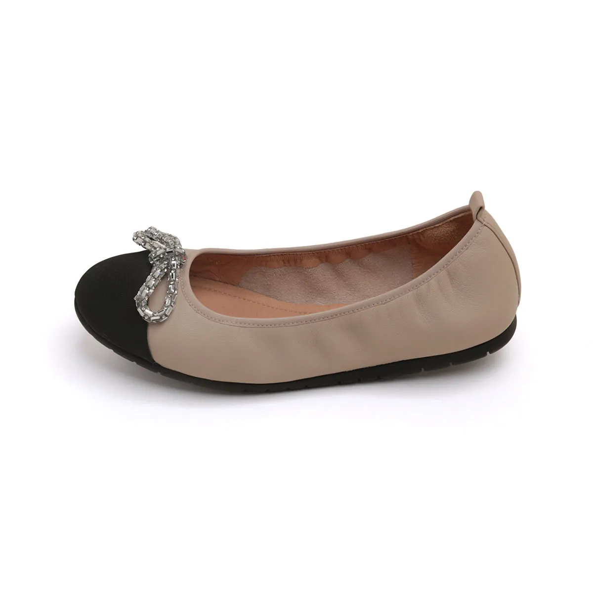 Taupe Crystal Bow Leather Ballerina Flats