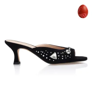The Moment Peep Toe Kitten Heel - Black Suede/Clear Crystals