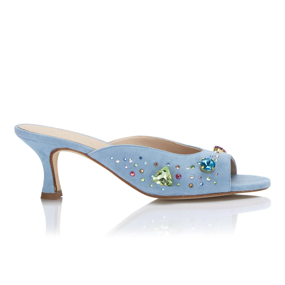 The Moment Peep Toe Kitten Heel - Blue Suede/Multicolour Crystals