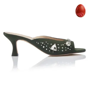 The Moment Peep Toe Kitten Heel - Forest Green Suede/Clear Crystals