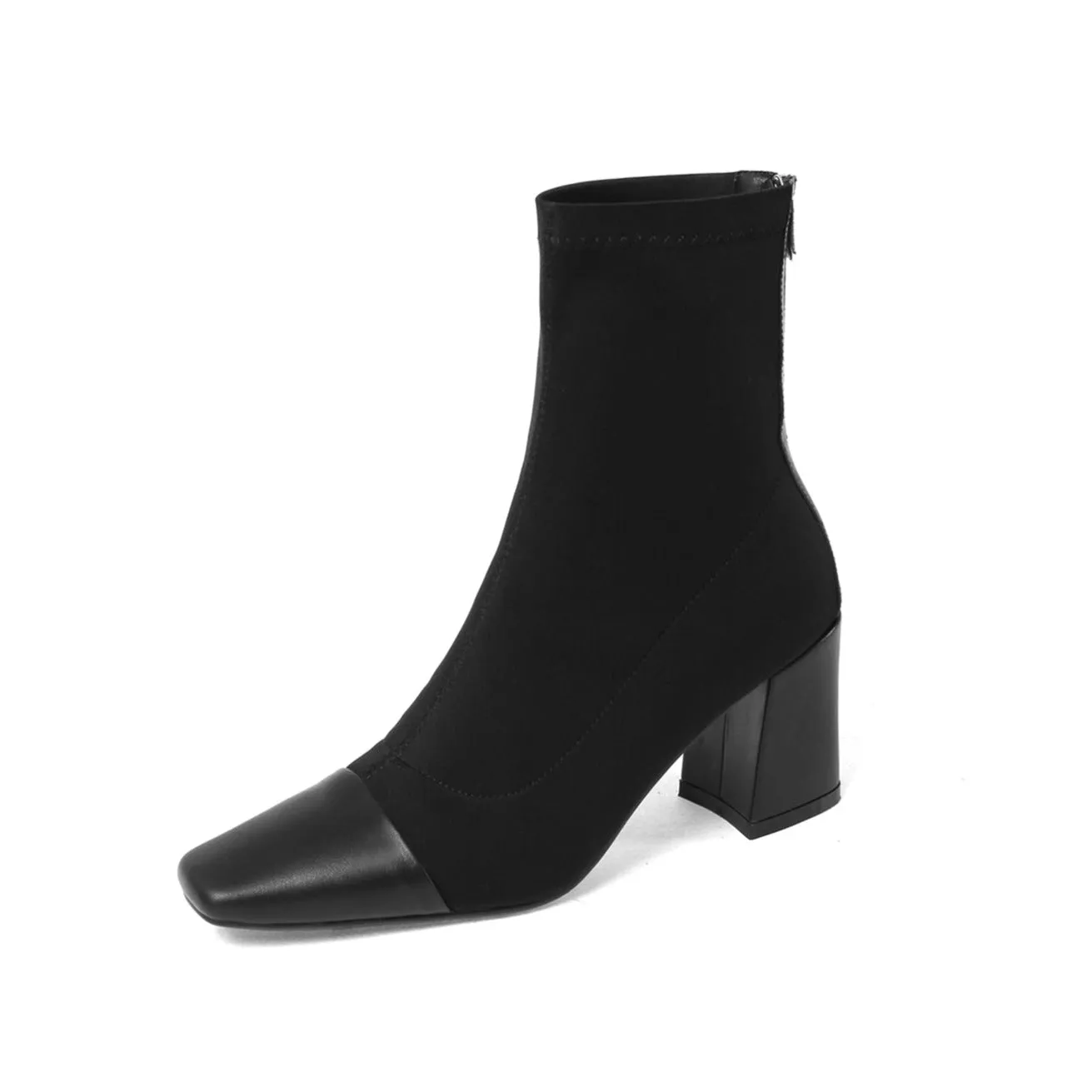 TinaCus Women's Genuine Leather with Stretch Fabric Squate Toe Handmade Multicolor Design Chunky Heel Ankle Boots with Back Zipper