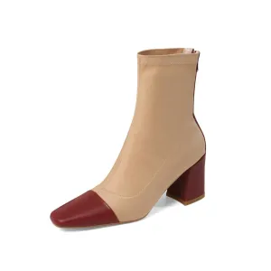 TinaCus Women's Genuine Leather with Stretch Fabric Squate Toe Handmade Multicolor Design Chunky Heel Ankle Boots with Back Zipper