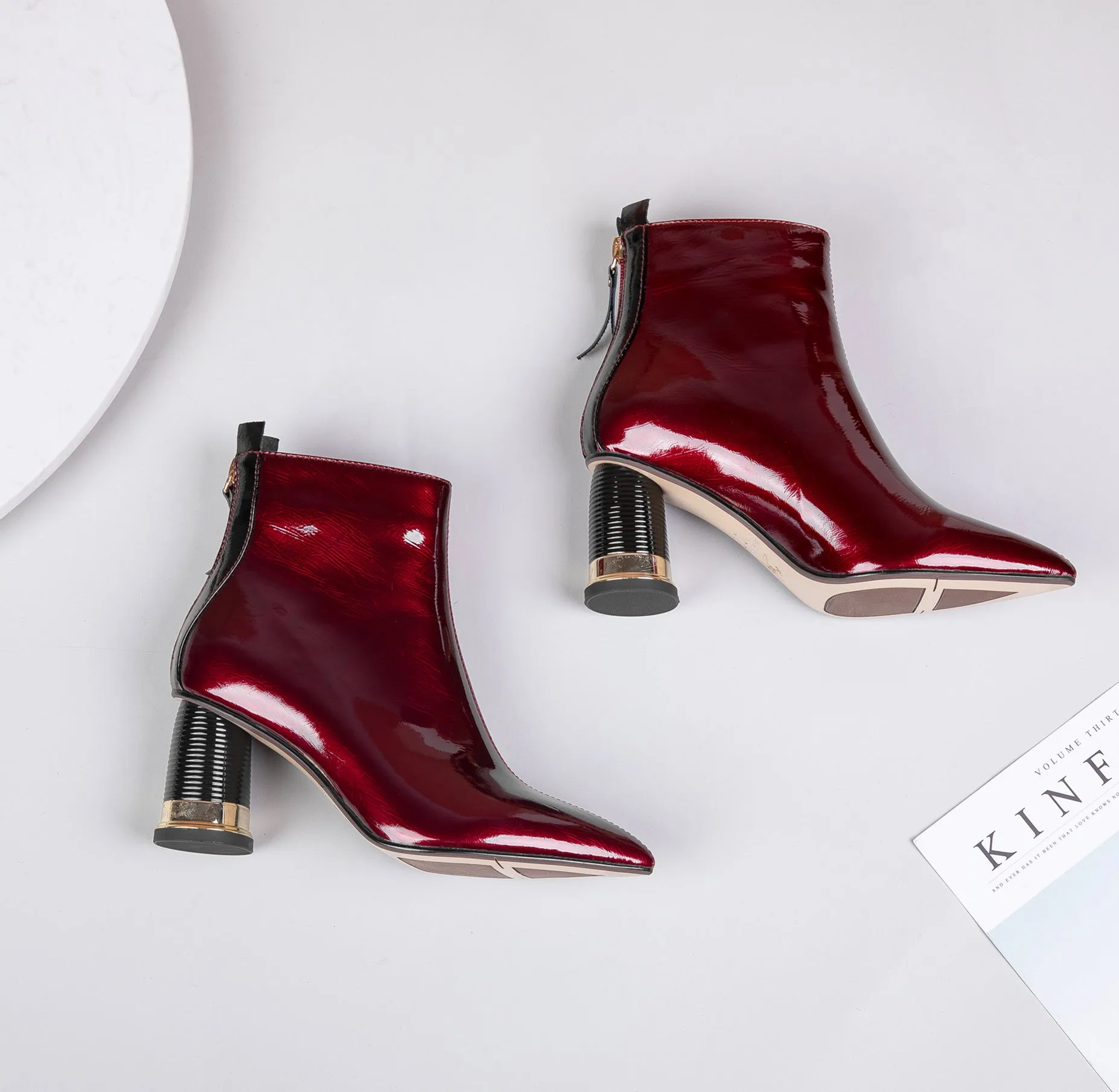 TinaCus Women's Patent Leather Pointed Toe Handmade Back Zip Modern Mid Chunky Heel Ankle Boots