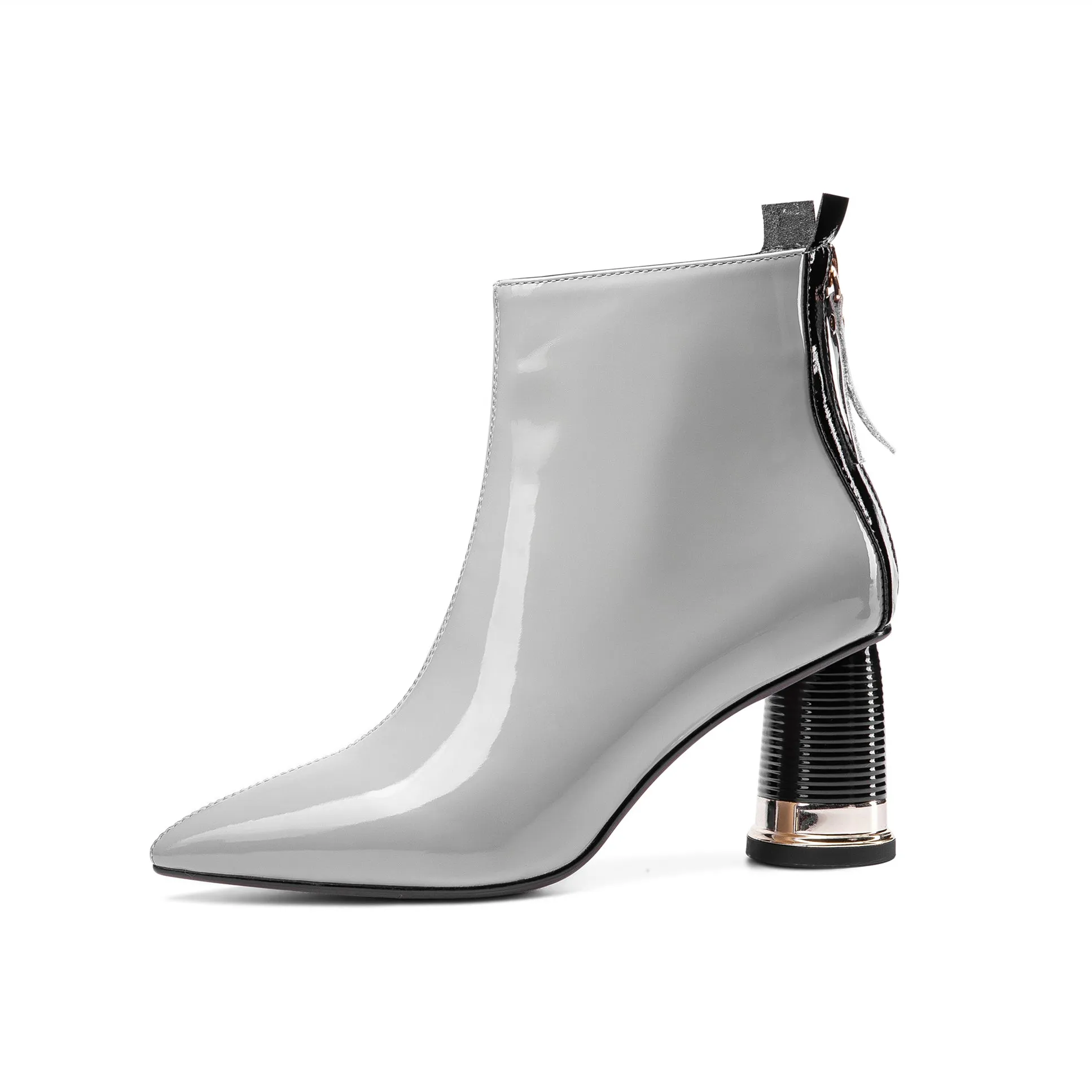 TinaCus Women's Patent Leather Pointed Toe Handmade Back Zip Modern Mid Chunky Heel Ankle Boots