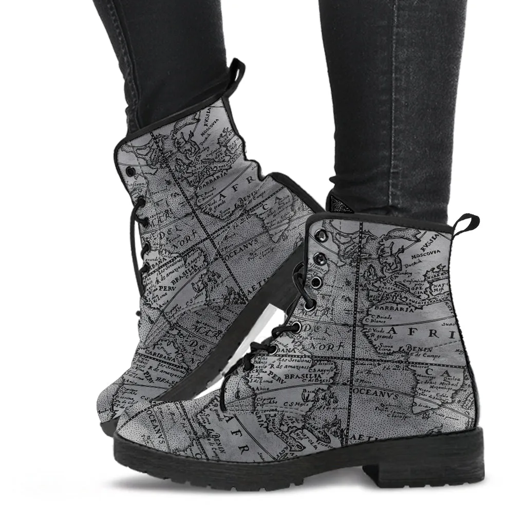 Vintage Map Vegan Leather Combat Boots (REG63)