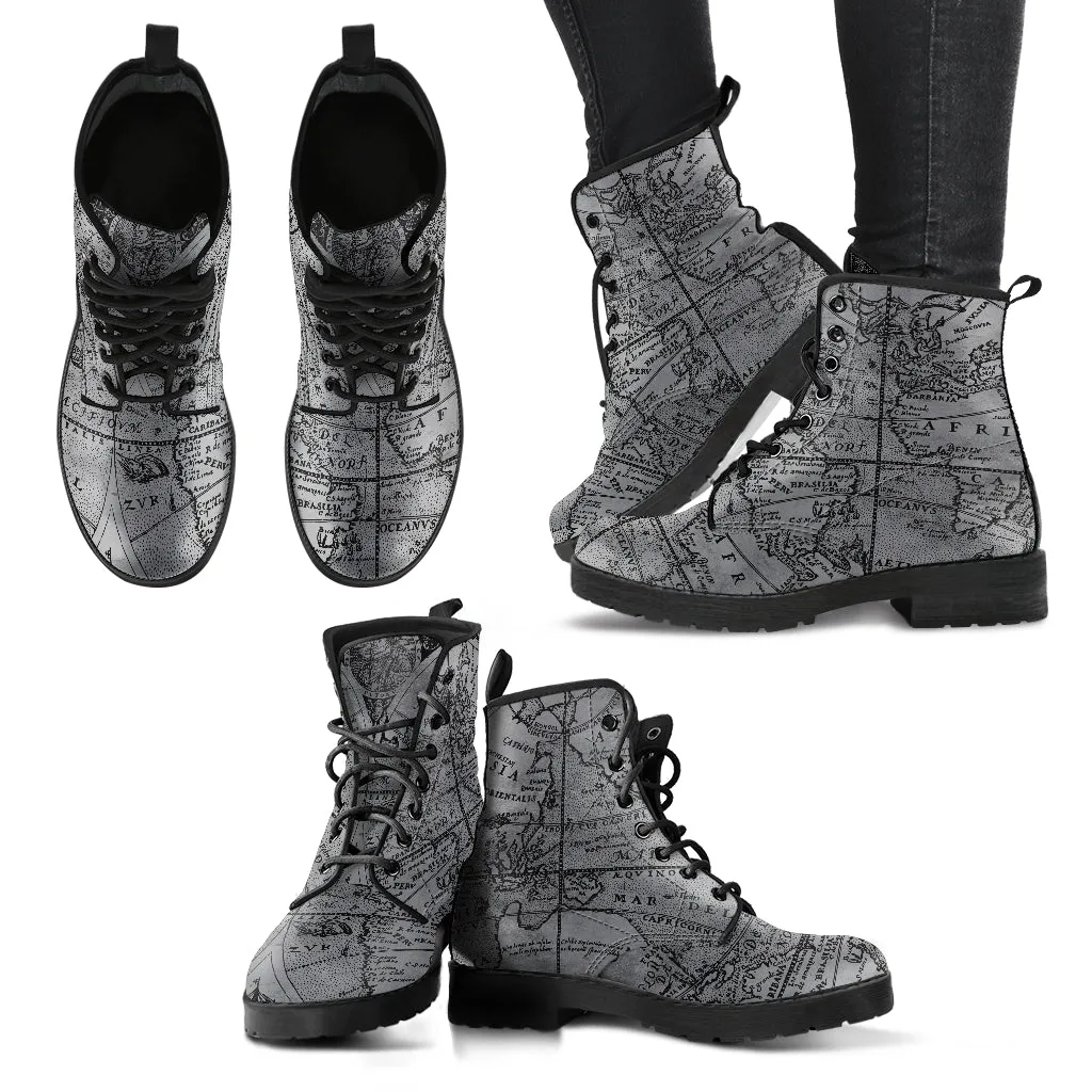 Vintage Map Vegan Leather Combat Boots (REG63)