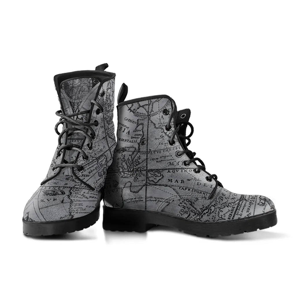 Vintage Map Vegan Leather Combat Boots (REG63)