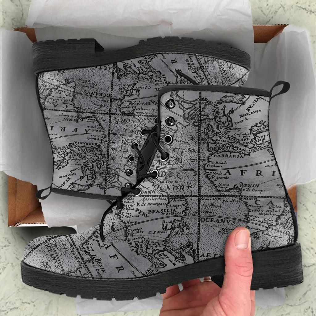 Vintage Map Vegan Leather Combat Boots (REG63)