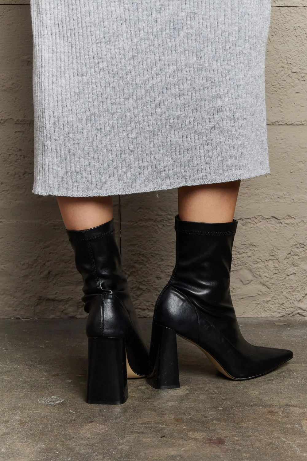 Weeboo Block Heel Sock Ankle Low Calf Bootie High Heeled Boots in Black