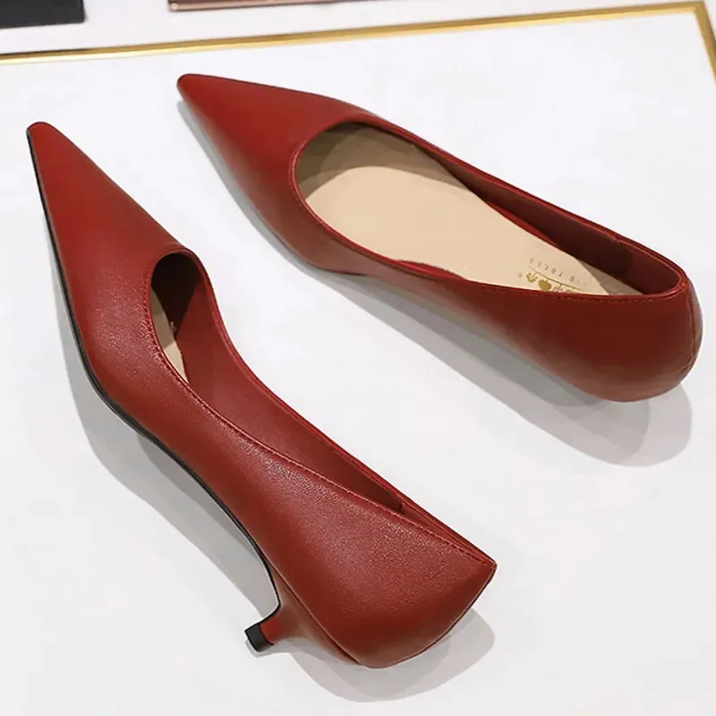 Women Soft PU Leather Elegant Med High Heel Shoes