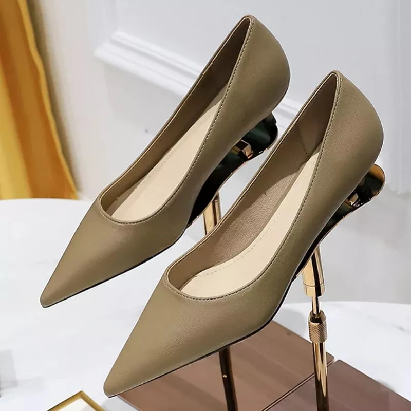 Women Soft PU Leather Elegant Med High Heel Shoes