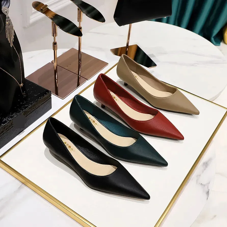 Women Soft PU Leather Elegant Med High Heel Shoes