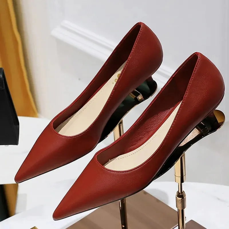 Women Soft PU Leather Elegant Med High Heel Shoes