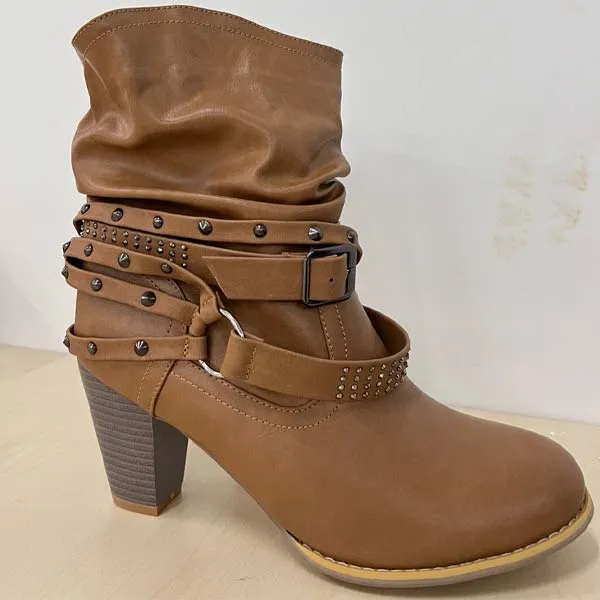 Women's Fashion Rivet Belt Buckle High-Heel Ankle Boots 43519810C