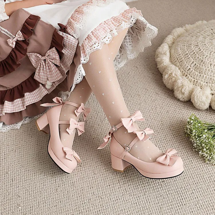 Women's Pumps Lolita Solid Color Butterfly Knot Platform Block Heel Shoes