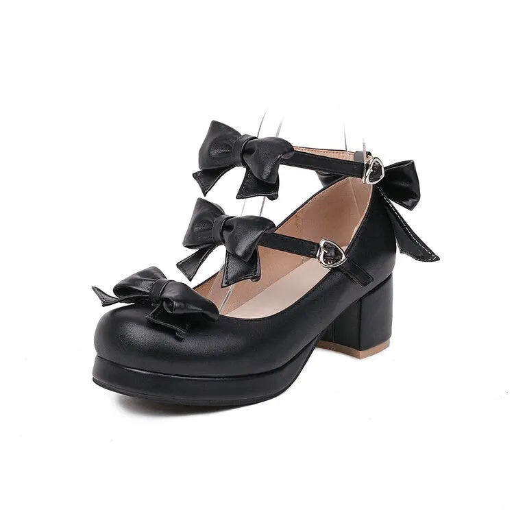 Women's Pumps Lolita Solid Color Butterfly Knot Platform Block Heel Shoes