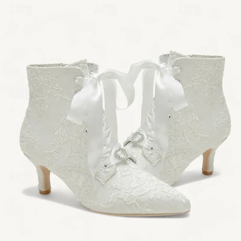 Women's Wedding Shoes Satin Flower Kitten Heel Stiletto Pointed Toe Wedding Heels Bridal Shoes
